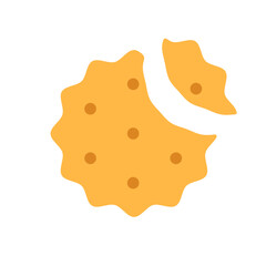 Crispy round cheese cracker with missing bite isolated on white background. Salted crunchy meal sign, logo flat design. Bitten yellow baked dessert symbol with crumb. Broken cookie vector illustration