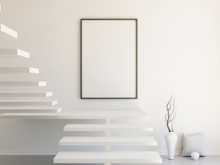 Interior mockup illustration, 3d render of scandinavian style room with staircase, white wall and vertical blank frame