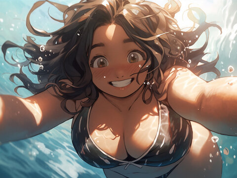 Girl swimming underwater. Summer activity on vacation. Illustration in anime and manga style. Created with Generative AI.