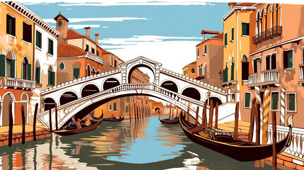 Vector illustration. View of the canals in Venice with buildings on the riverbanks. Gondolas are floating in the water. Travel destination, city trip. Italy