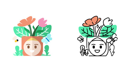 Happy muslim woman with flower colorful outline