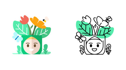 Happy muslim woman with flower and butterfly colorful outline