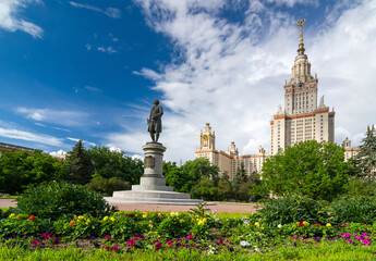 Lomonosov Moscow State University - MSU. Main building and Lomonosov monument. MSU is one of Seven...