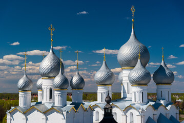 Rostov Kremlin. The Domes of the Church of the Resurrection of Christ and Assumption Cathedral. Rostov, Yaroslavl oblast, Russia. Golden Ring of Russia. It is part of the UNESCO World Heritage Site.