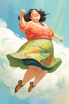 Girl flying high. Illustration of woman power. Created with Generative AI.