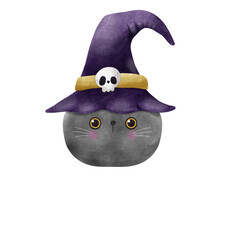 Cute black cat and witch hat watercolor cartoon Halloween party element illustration