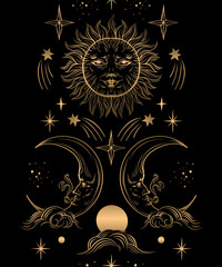 Seamless pattern with golden graphic sun and moon. Vector.