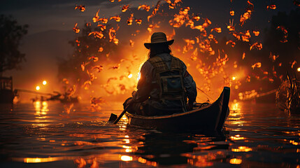 Fisherman of Lake in action when fishing, Thailand,