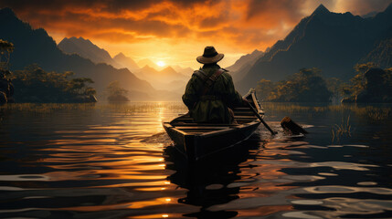 Fisherman of Lake in action when fishing, Thailand,