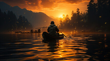 Fisherman of Lake in action when fishing, Thailand,