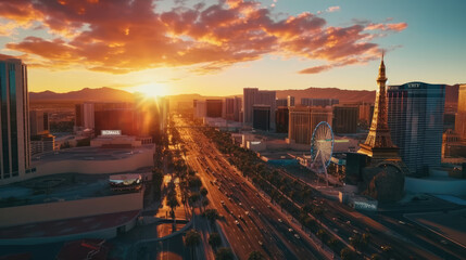 Las Vegas city skyline at sunset - 617512540