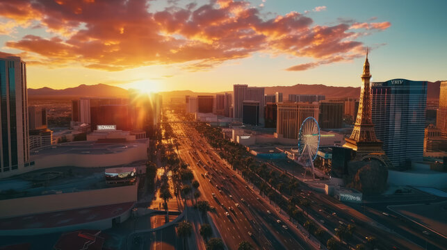 Las Vegas city skyline at sunset