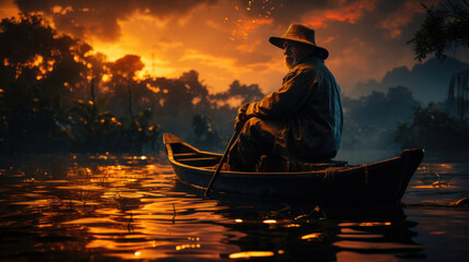 Naklejka na ściany i meble Fisherman of Lake in action when fishing, Thailand,