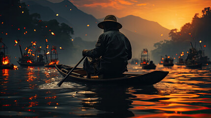 Fisherman of Lake in action when fishing, Thailand,