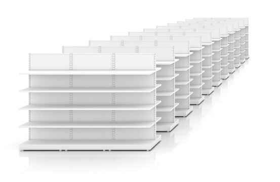 Row of supermarket shelves. 3d illustration, isolated on white