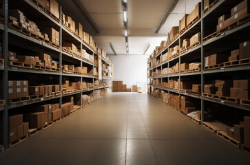 Warehouse with shelfs, carboard boxes and products. Generative AI.