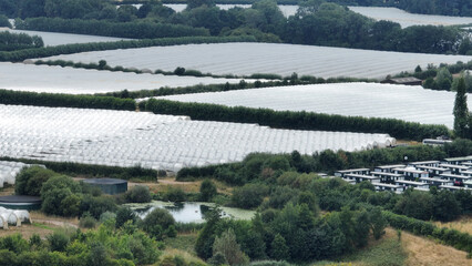 Aerial view of farming polytunnel in the countryside