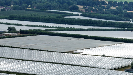 Aerial view of farming polytunnel in the countryside