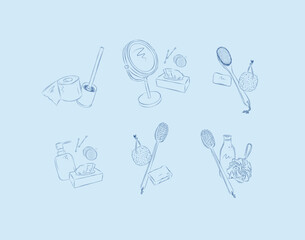 Hygiene compositions with bathroom accessories shampoo, soap, toilet paper, brush, mirror, ear sticks, cosmetic wipes, cotton sponge, pumice stone, bath brush, shower gel, washcloth drawing on blue ba