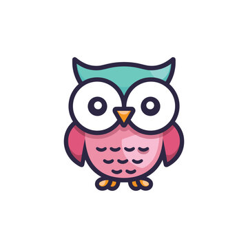 A pink and blue owl with big eyes
