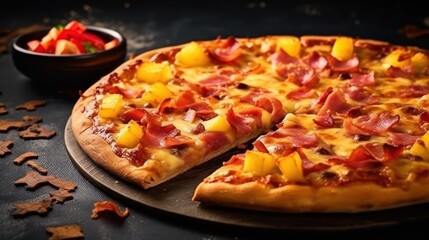 Traditional italian pizza. Delicious taste Hawaiian pizza. Generative AI