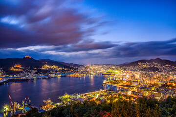 Nagasaki, Japan city skyline at the bay.