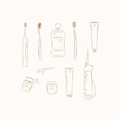 Dental care accessories electric toothbrush, regular toothbrush, mouthwash, toothpaste, tooth gel, dental floss, irrigator drawing on beige background