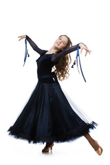 Beautiful teenager ballroom dancer with long blond hair in long dark blue dress making curtsy....