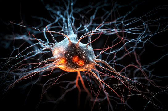 Neurons and neural connections in macro view and dark background. Generative AI.