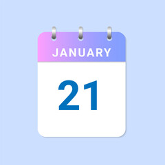 Day of 21st January. Daily calendar of january month on white paper note.