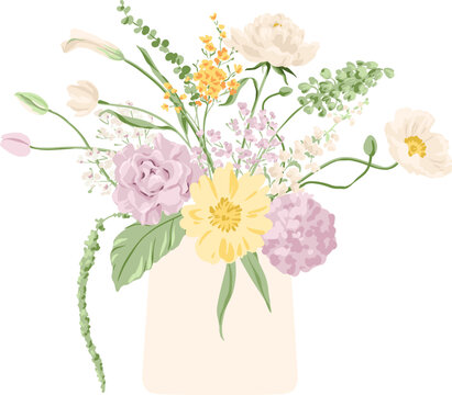 Vector Illustration bouquet of flowers in vase on white in pastel tones