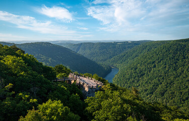 Aerial panoramic image of the Cheat River gorge and the Coopers Rock overlook and viewing platform in summer