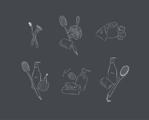 Hygiene bathroom accessories compositions with elements toothbrush, razor, soap, washcloth, shower brush, toilet paper roll, shampoo bottle, pumice stone, ear buds, cotton sponge, cosmetic wipes, show