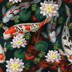 Seamless pattern with koi fishes and lotus. Vector.