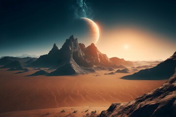 the horizon of world wars a battlefield of desert landscape with mountain ranges Moon in the sky highly detailed satellite view Landscape Dramatic Surreal Science Fiction Metaphysical Spacecore 