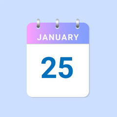 Day of 25th January. Daily calendar of january month on white paper note.