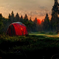 front of the camera red metal soda can on the forest grass the sunrise through the trees tents of a scoot camp in the background photorealistic 8k 