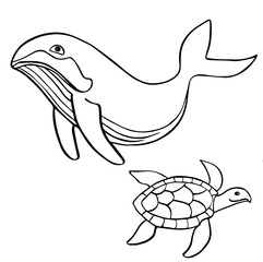 whale, turtle linear black and white image for coloring