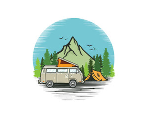 Obraz premium Vector camper van car logo design template illustration