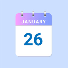 Daily calendar of january month on white paper note. 26th january