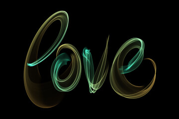Love isolated word lettering written with fire flame or smoke on black background.