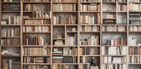 A group of books in a wooden library bookshelves, in the style of white and beige, domestic interiors, industrial, background