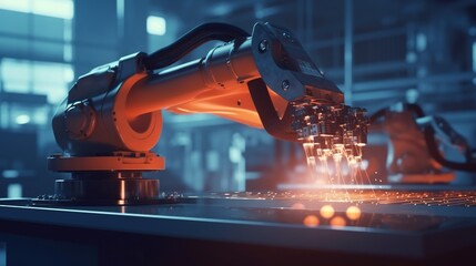 Robotic arm working with laser and screen monitor control, industrial machine robot arm line, smart modern factory automation using advanced machines, industry 4.0, manufacturing process