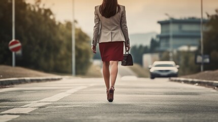 Businesswoman walking on a road to success, close up leather business shoes walking, goal and target concept