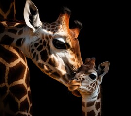 a close up of a giraffe and a baby giraffe