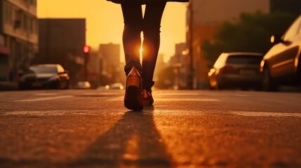 Businesswoman walking on a road to success, close up leather business shoes walking, goal and target concept