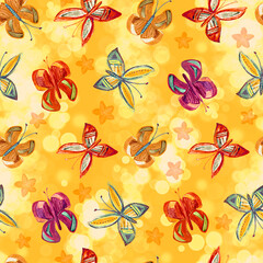 hand painted butterflies on yellow background, seamless pattern textile, cute wallpaper