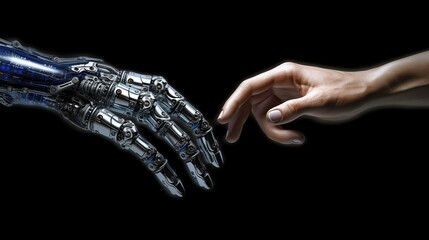Artificial intelligence hand and people hand. Ai generative