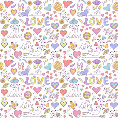 Illustration of colorful seamless pattern with hearts,flowers and other elements