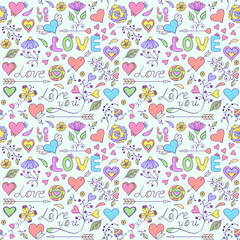 Illustration of colorful seamless pattern with hearts,flowers and other elements